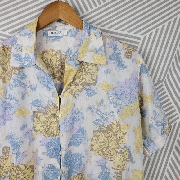Vintage Top Silk Blouse Button Up Floral Size Medium Blue Yellow Lightweight - Picture 3 of 5